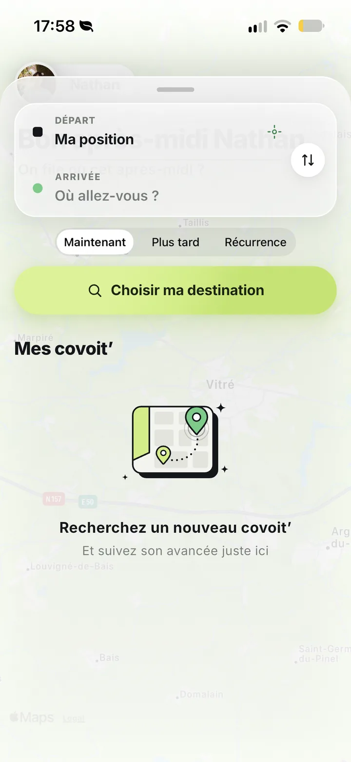 Écran de commande Wyvo : départ, arrivée, Maintenant