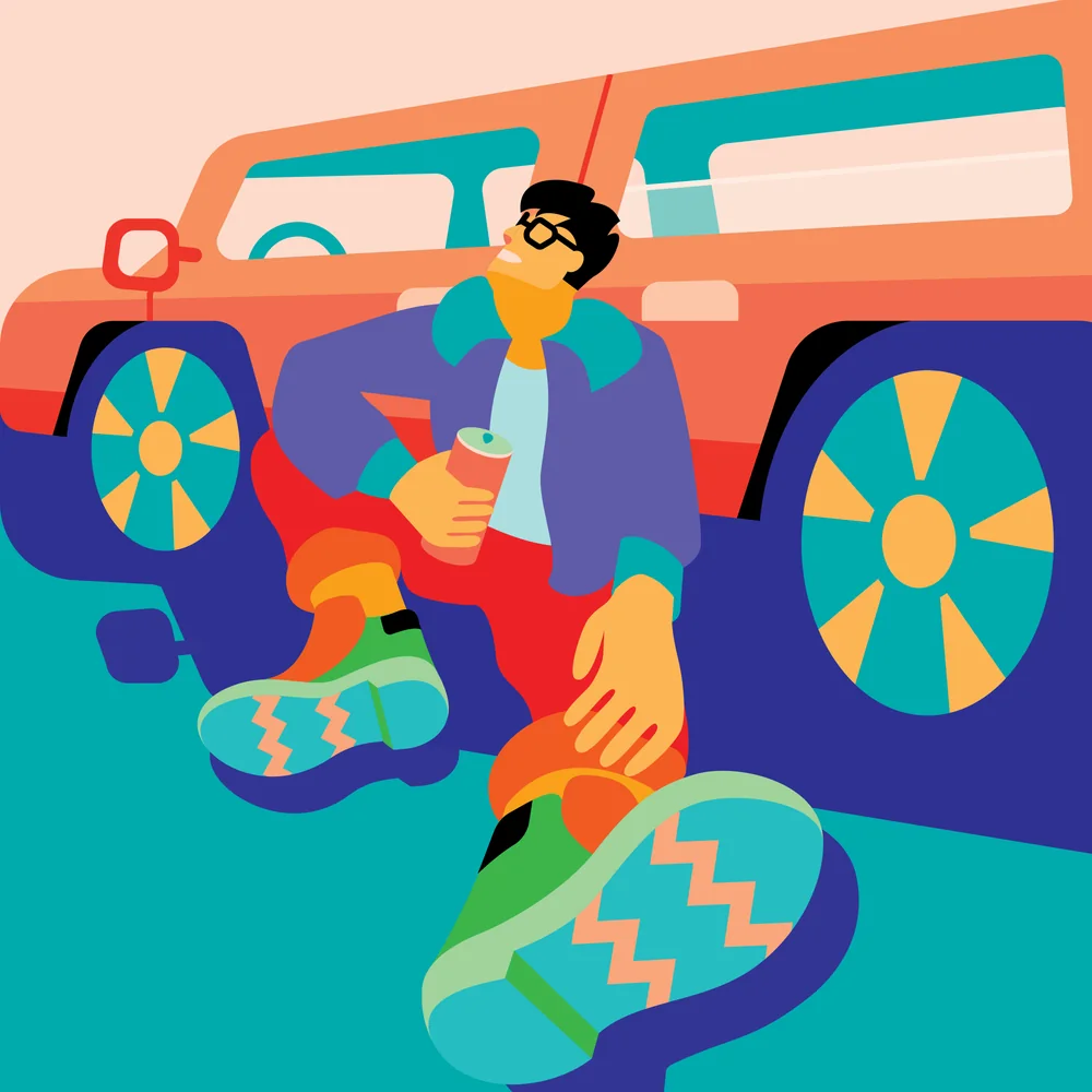 Illustration : un homme se détend contre sa voiture garée