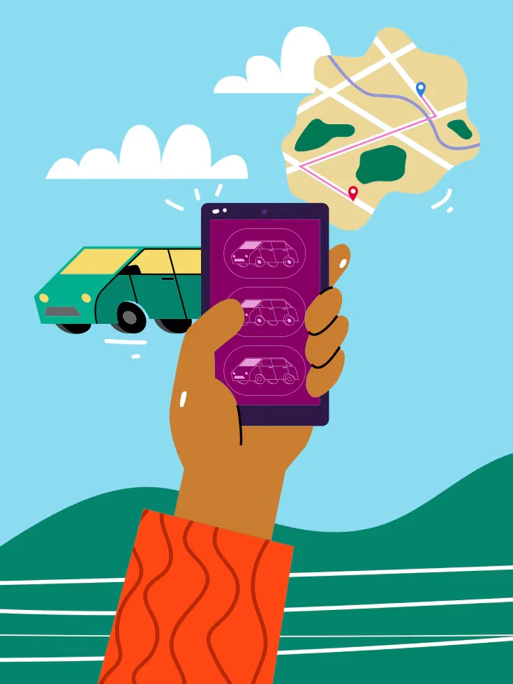 Illustration : une main tient un téléphone qui suit le trajet sur une carte